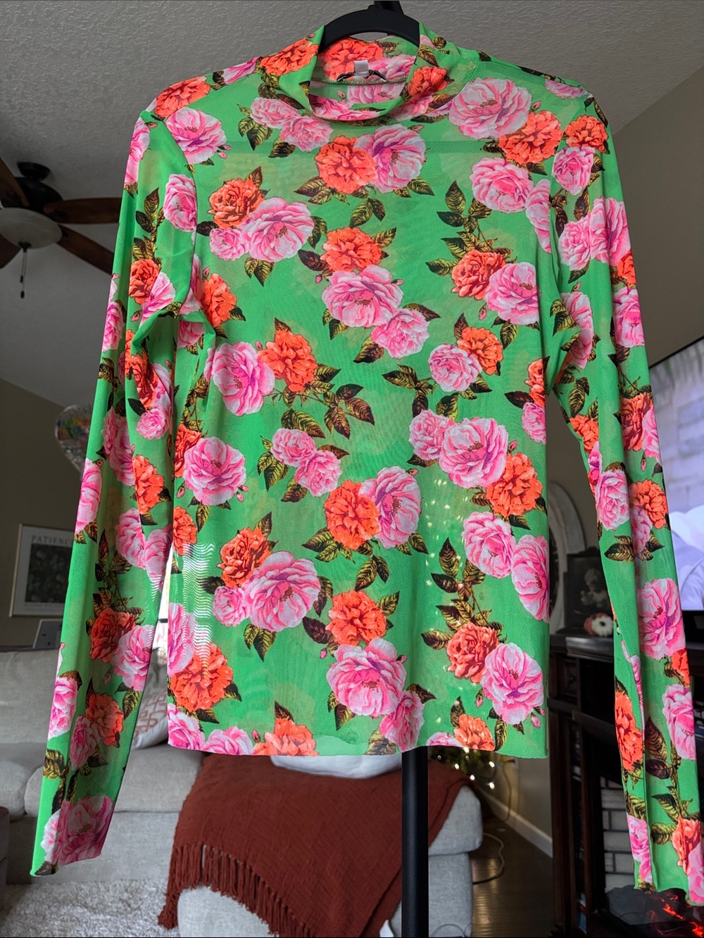 AFRM Green Floral Mesh Long Sleeve Top with Pink & Orange Roses